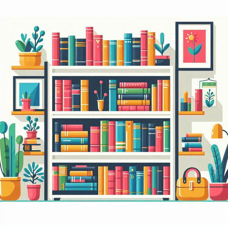 Bookshelf with books and decorations. Vector illustration in flat styleのイラスト素材