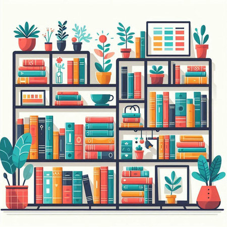 Bookshelf with books and plants. Vector illustration in flat styleのイラスト素材