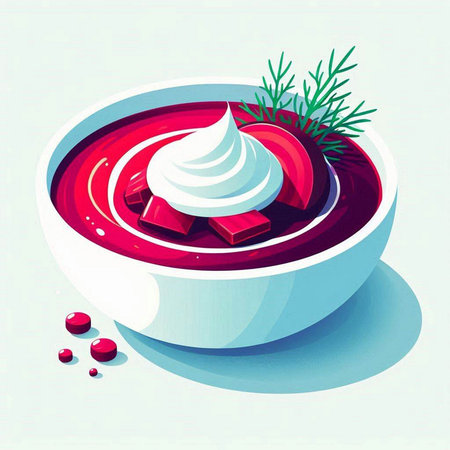 Vector illustration of a bowl of red borscht with sour creamのイラスト素材