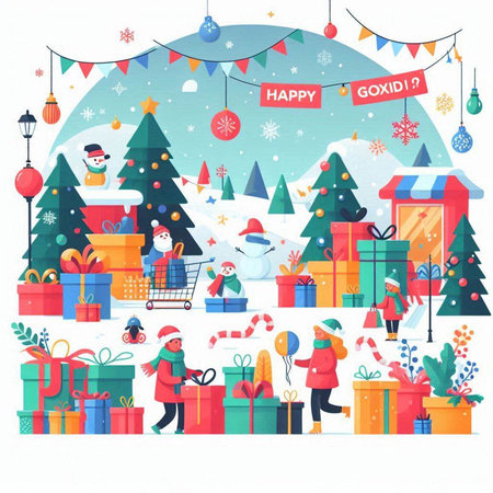 Vector illustration of Christmas and New Year background with people and gifts.のイラスト素材