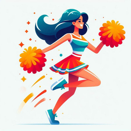 Cheerleader with pompoms and flowers. Vector illustration in cartoon style.のイラスト素材