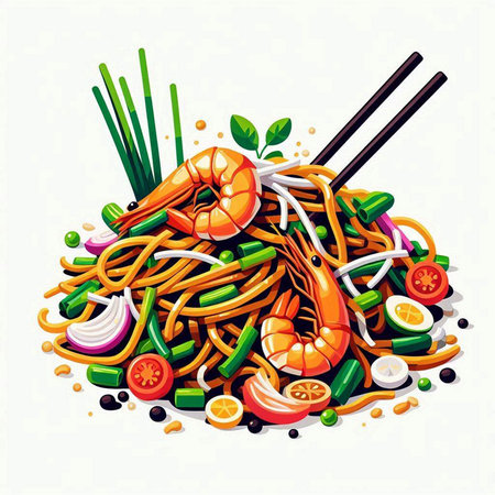 Chinese noodles with prawns and vegetables. Vector illustration in cartoon style.のイラスト素材