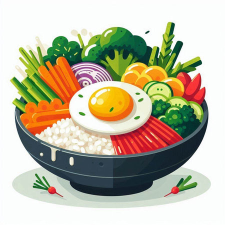 Vector illustration of a bowl of rice with fried egg and vegetables.のイラスト素材