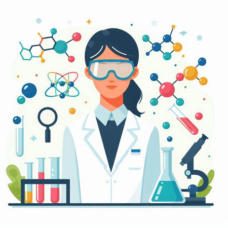 Scientist woman in chemical laboratory. Vector illustration in flat style.のイラスト素材