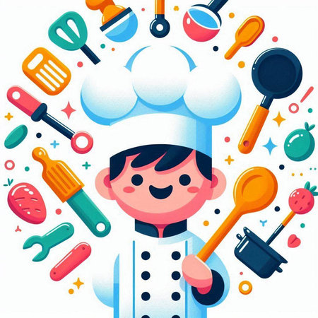 Illustration of a cute cartoon chef with various kitchen utensilsのイラスト素材