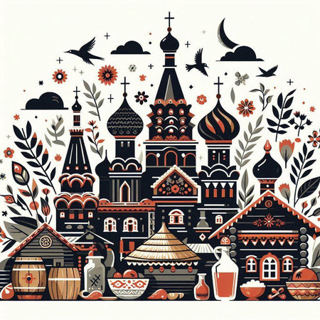 Vector illustration of Russian village with houses, wine, flowers and birds.のイラスト素材