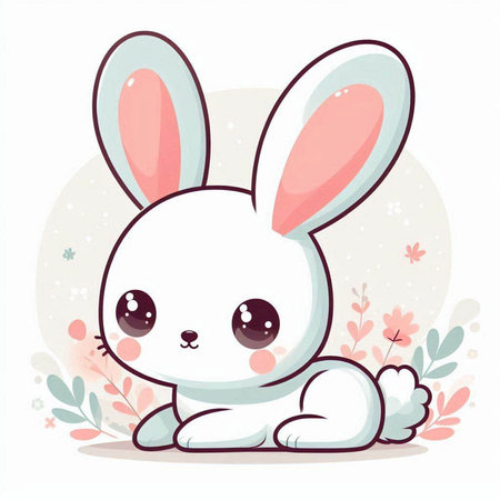 Cute cartoon bunny on floral background. Vector illustration for kids.のイラスト素材