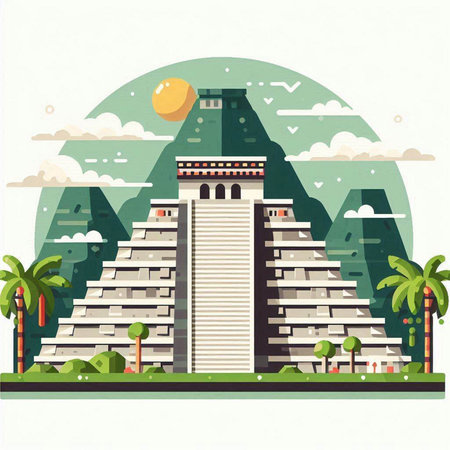 Mayan pyramid in the jungle. Vector illustration in flat style.のイラスト素材