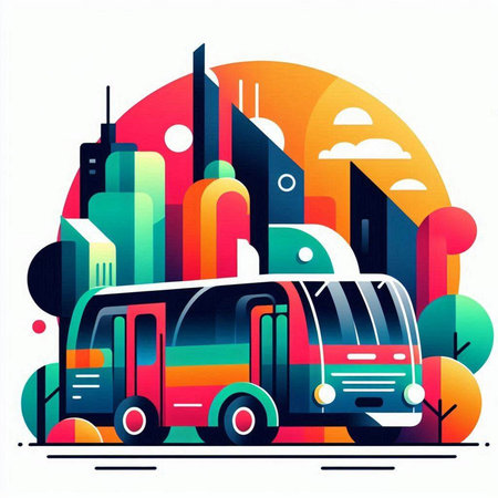 Bus on the background of the city. Vector illustration in flat styleのイラスト素材