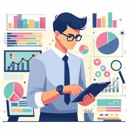 Businessman with a tablet in his hands. Vector illustration in flat styleのイラスト素材