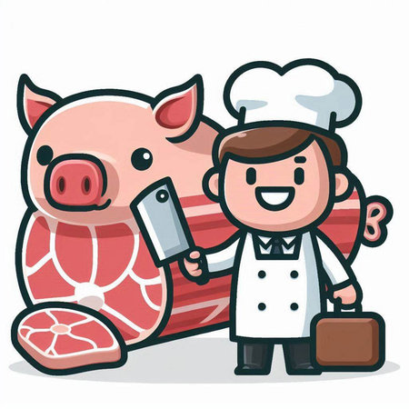 Chef and pork cartoon mascot vector illustration. Cute cartoon chef with meat.のイラスト素材