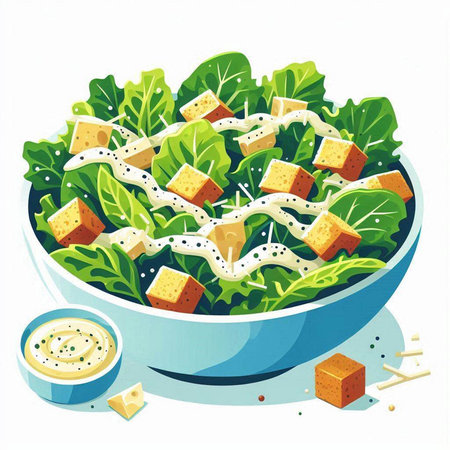Salad with cheese, lettuce and crackers. Vector illustration.のイラスト素材
