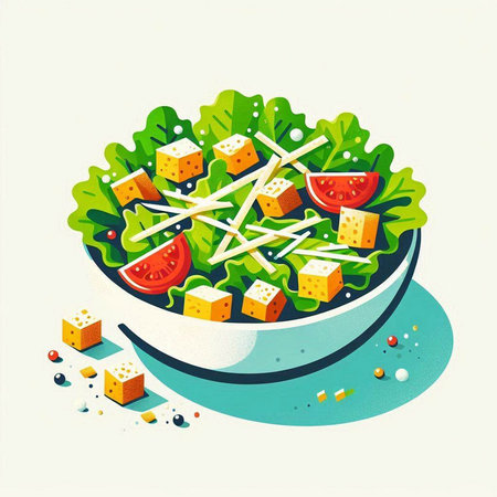 Salad with cheese and vegetables in a bowl. Vector illustration.のイラスト素材