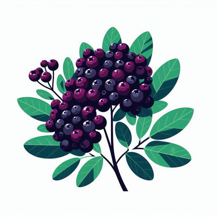 Bunch of black chokeberry with green leaves. Vector illustration.のイラスト素材