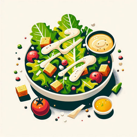 Salad with vegetables and sauce. Vector illustration of healthy food.のイラスト素材
