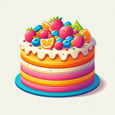 Colorful cake with strawberry, blueberry, kiwi and orangeのイラスト素材