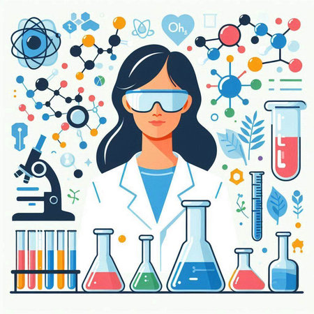 Vector illustration of a woman scientist in laboratory. Science, chemistry, biology, medicine.のイラスト素材