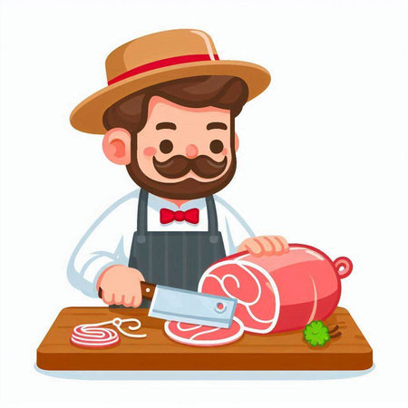 Butcher in a hat and apron cutting meat. Vector illustrationのイラスト素材