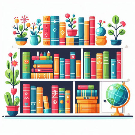 Bookshelf with books and potted plants. Vector illustration.のイラスト素材
