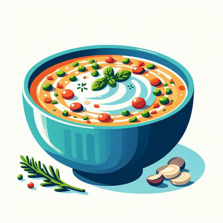 Creamy soup in a bowl with ingredients. Vector illustration.のイラスト素材