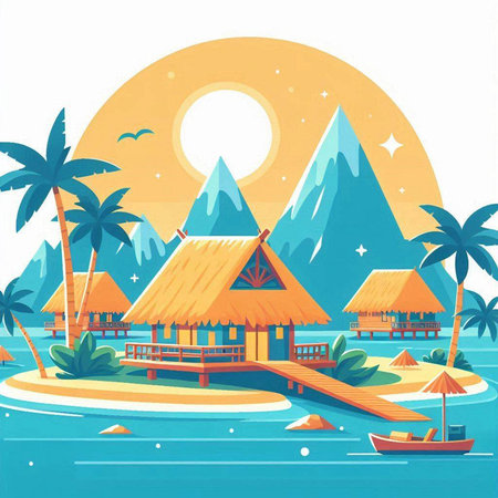 Wooden bungalows on a tropical island. Vector illustration.のイラスト素材