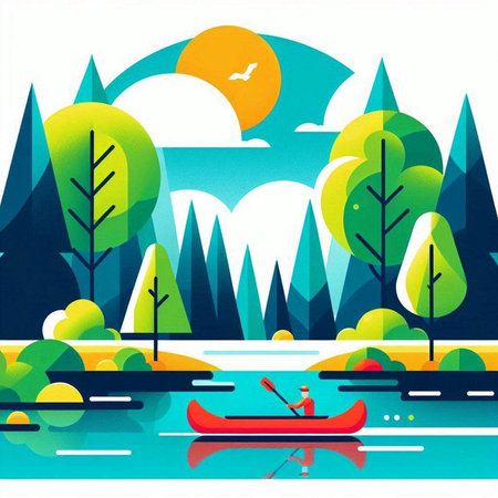 Illustration of a kayak on the river. Vector illustration.のイラスト素材