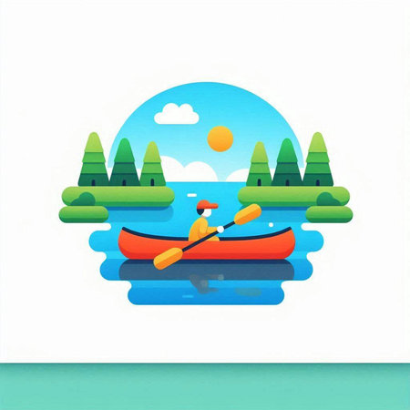 Kayaking on the lake. Vector illustration in flat design style.のイラスト素材