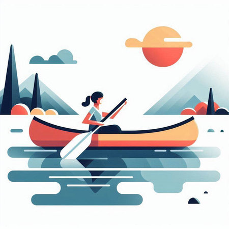 Vector illustration of a woman in a kayak on the lake.のイラスト素材