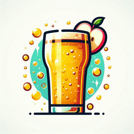 Vector illustration of a glass of fresh orange juice with apple and bubbles.のイラスト素材