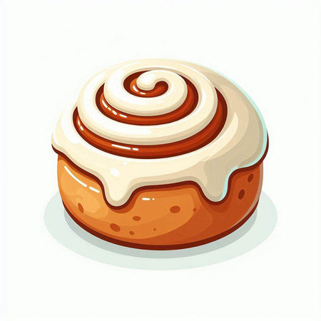 Cinnamon bun with white glaze on a white background. Vector illustrationのイラスト素材
