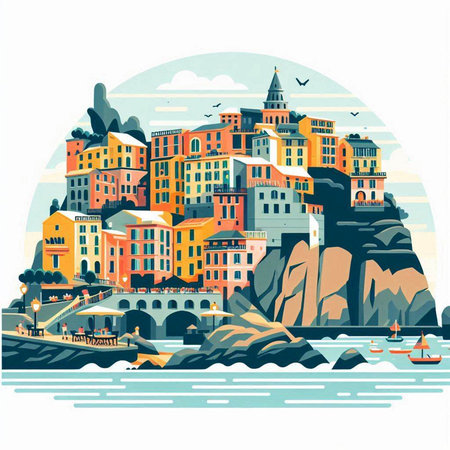 Vector illustration of the old town of Riomaggiore, Italyのイラスト素材
