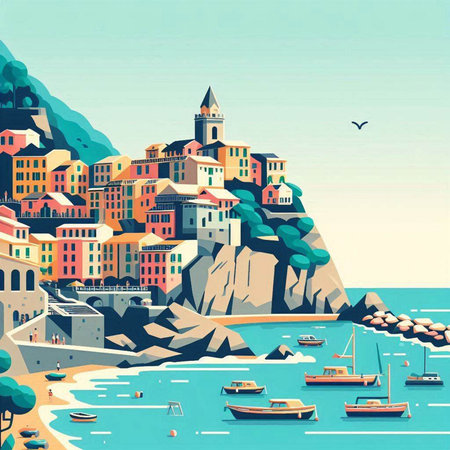 Vintage vector illustration of old town in Cinque Terre, Italyのイラスト素材