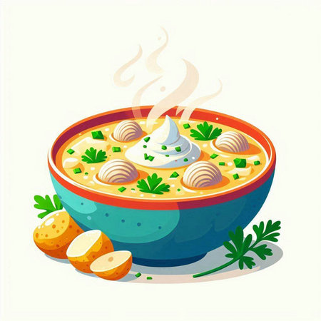 Cream soup with dumplings in a bowl. Vector illustration.のイラスト素材