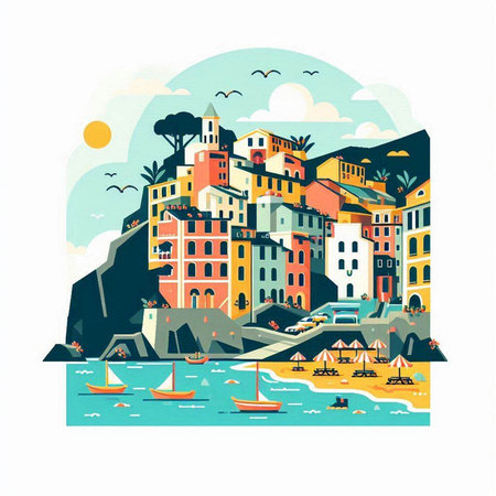 Cinque Terre, Italy. Vector illustration. Flat design.のイラスト素材