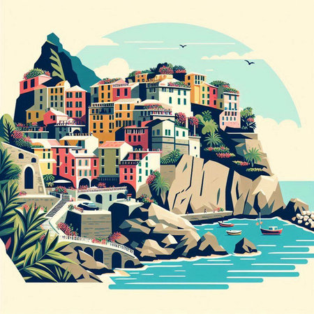 Cinque Terre, Italy. Retro style vector illustration.のイラスト素材