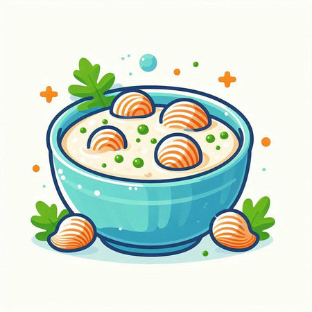 Illustration of a bowl of rice porridge with salmon on a white backgroundのイラスト素材
