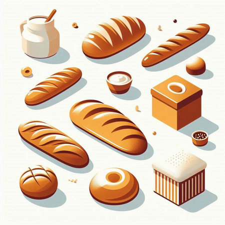 Bread and bakery icons set in isometric 3d style isolated vector illustrationのイラスト素材