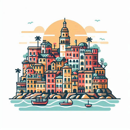 Cinque Terre, Italy. Colorful hand drawn vector illustrationのイラスト素材