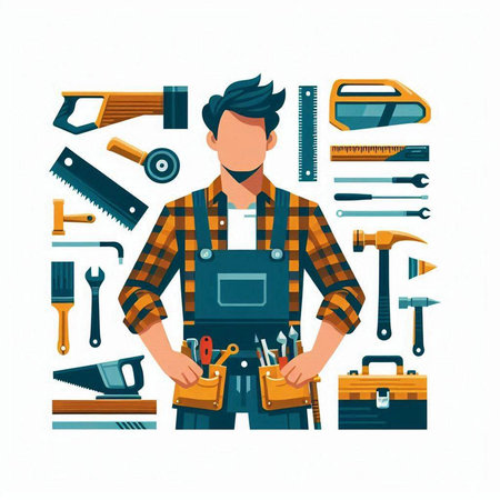 Handyman with tools. Vector illustration in flat cartoon style.のイラスト素材