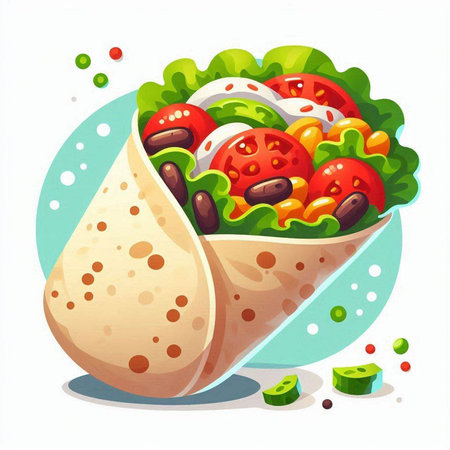 Vector illustration of a tortilla wrap with salad, tomato, onion, cucumber and lettuce.のイラスト素材