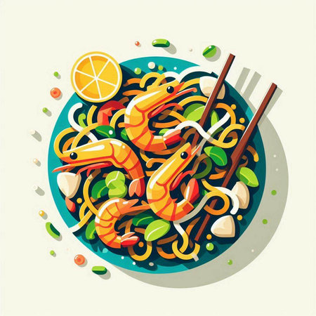 Noodles with shrimps and vegetables in a plate. Vector illustration.のイラスト素材