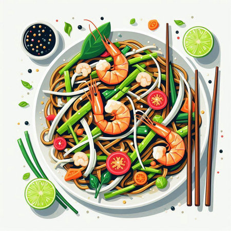 Noodles with prawns and vegetables. Vector illustration.のイラスト素材