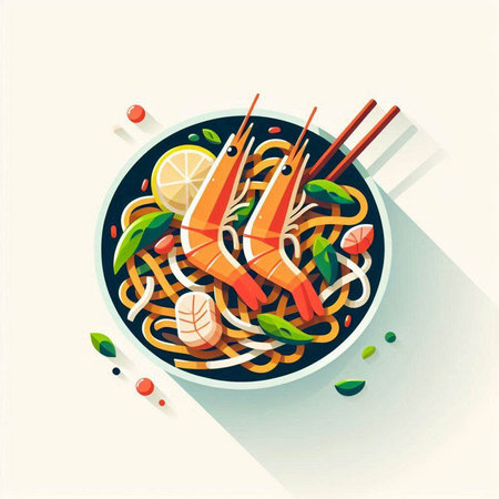 Seafood noodles in a bowl with chopsticks. Vector illustration.のイラスト素材
