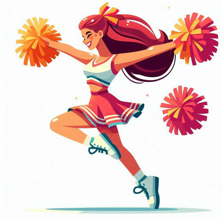 Cheerleader. Cheerleader with pompons. Vector illustration in cartoon styleのイラスト素材