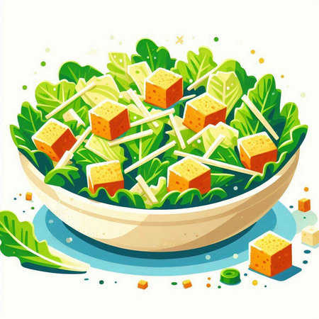 Illustration of a bowl of salad with tofu and lettuce on a white backgroundのイラスト素材