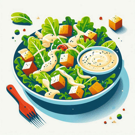 Salad with fried tofu, sesame seeds and mayonnaise. Vector illustration.のイラスト素材