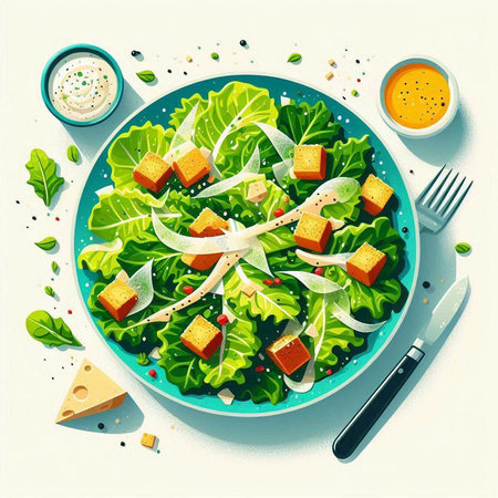 Salad with cheese, lettuce, arugula and sauce. Healthy food concept. Vector illustration.のイラスト素材