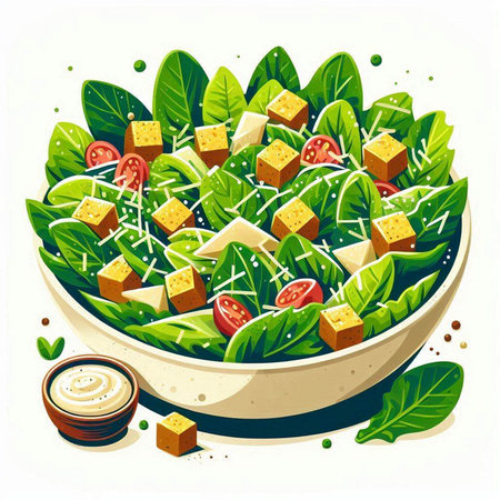 Salad with cheese, tomato, cucumber and lettuce. Vector illustrationのイラスト素材
