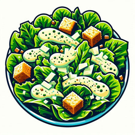 Illustration of a salad with lettuce, cheese and croutonsのイラスト素材