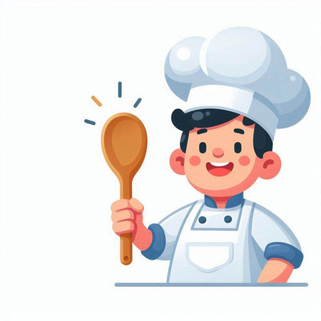 Chef boy with wooden spoon. Vector illustration in cartoon style.のイラスト素材